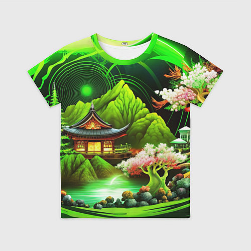 Детская футболка Природа Японии в зеленых цветах / 3D-принт – фото 1