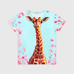 Футболка детская Жираф в розовых кустах, цвет: 3D-принт