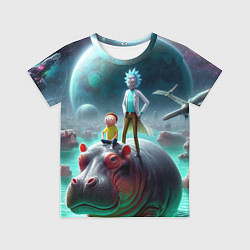 Футболка детская Рик и Морти сидят на бегемоте - нейроарт фантазия, цвет: 3D-принт