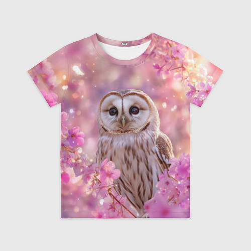 Детская футболка Белая сова и розовые цветы / 3D-принт – фото 1