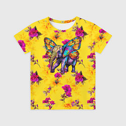 Футболка детская Слон с крыльями бабочки на цветочном фоне, цвет: 3D-принт