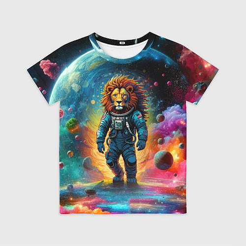 Детская футболка Лев бравый космонавт - неоновый космос / 3D-принт – фото 1