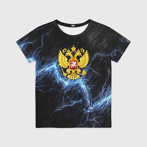 Детская футболка Герб РФ на черной текстуре с синими потертостями / 3D-принт – фото 1