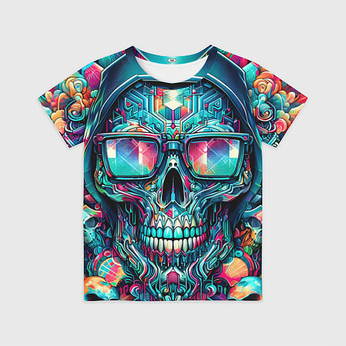 Детская футболка Кибер череп в балахоне и очках - нейроарт фантазия / 3D-принт – фото 1