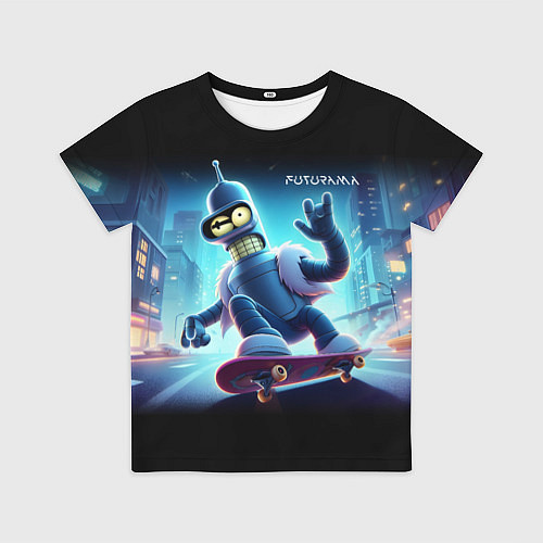 Детская футболка Bender is a skateboarder in neon street - ai art / 3D-принт – фото 1