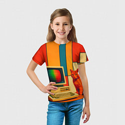 Футболка детская Кот и винтажный компьютер ретрофутуризм поп-арт 19, цвет: 3D-принт — фото 2