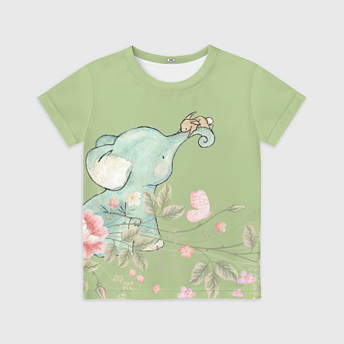 Детская футболка Слоненок с зайчиком в цветах на зеленом / 3D-принт – фото 1