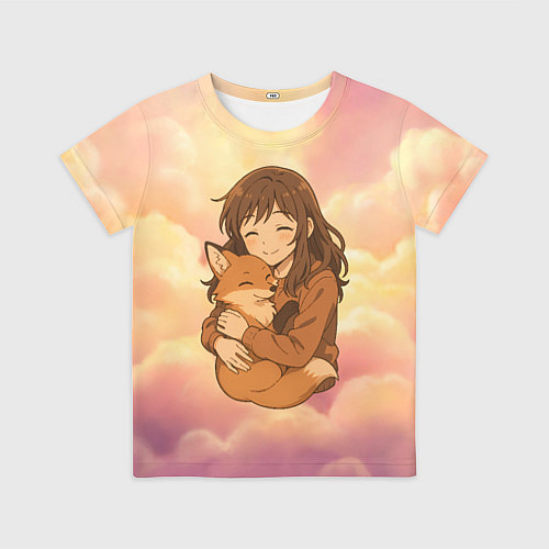 Детская футболка Девочка обнимает лисичку / 3D-принт – фото 1