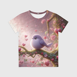 Футболка детская Маленькая фиолетовая птица с сердечками и цветами, цвет: 3D-принт