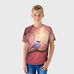 Футболка детская Сиреневая птица в розовом цветущем лесу, цвет: 3D-принт — фото 2