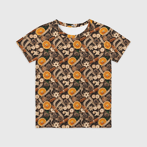 Детская футболка Новогодний орнамент с корицей и дольками апельсина / 3D-принт – фото 1