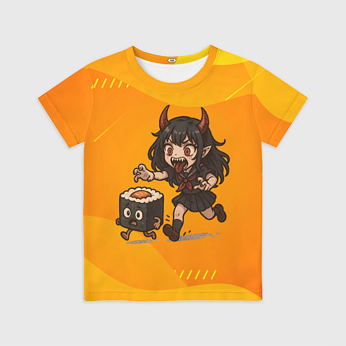 Детская футболка Девочка дьявол бежит за роллом / 3D-принт – фото 1