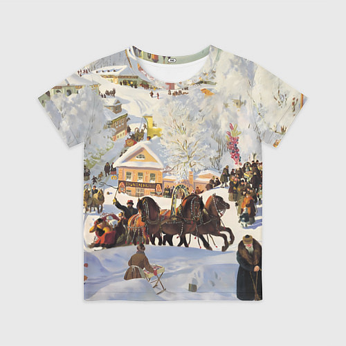Детская футболка Русская тройка зимой - картина Масленица Кустодиев / 3D-принт – фото 1