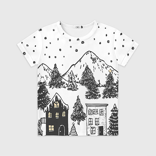 Детская футболка Заснеженный черно-белый город / 3D-принт – фото 1