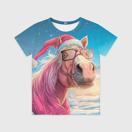 Детская футболка Новогодняя лошадь в очках / 3D-принт – фото 1