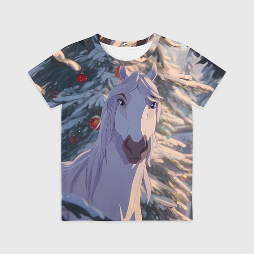 Детская футболка Белая лошадь на фоне елки / 3D-принт – фото 1