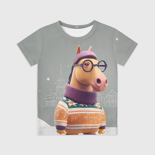 Детская футболка Новогодняя лошадка хипстер / 3D-принт – фото 1