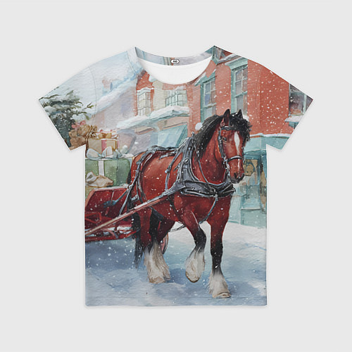 Детская футболка Лошадка с новогодней повозкой / 3D-принт – фото 1