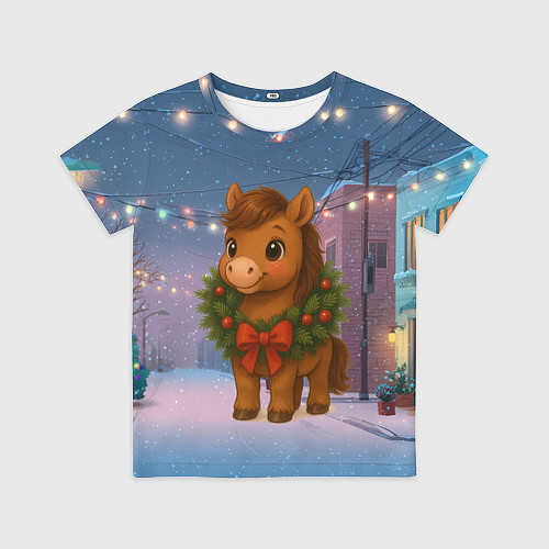 Детская футболка Лошадка с новогоднем венком 2026 / 3D-принт – фото 1