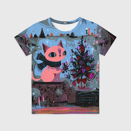 Детская футболка Кошка празднует Новый год / 3D-принт – фото 1