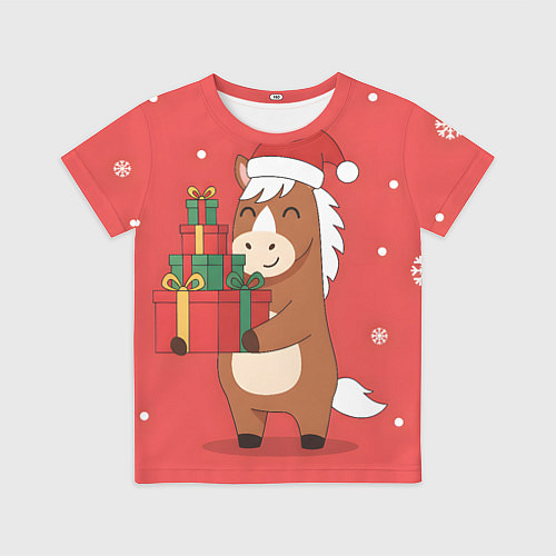 Детская футболка Новогодняя лошадка с подарками / 3D-принт – фото 1