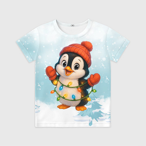 Детская футболка Пингвинчик в свете зимних огней / 3D-принт – фото 1