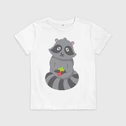 Футболка хлопковая детская Енотик с клубникой, цвет: белый