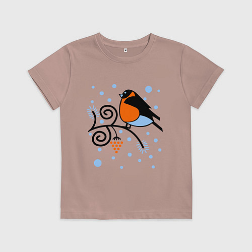 Детская футболка Снегирь на ветке рябины / Пыльно-розовый – фото 1