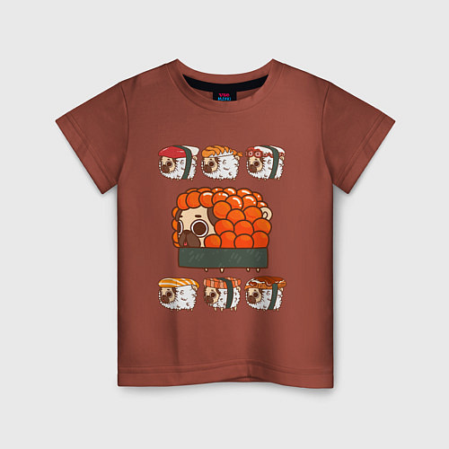 Детская футболка Мопс и роллы / Кирпичный – фото 1