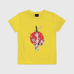 Футболка хлопковая детская Катана на фоне сакуры Z, цвет: желтый