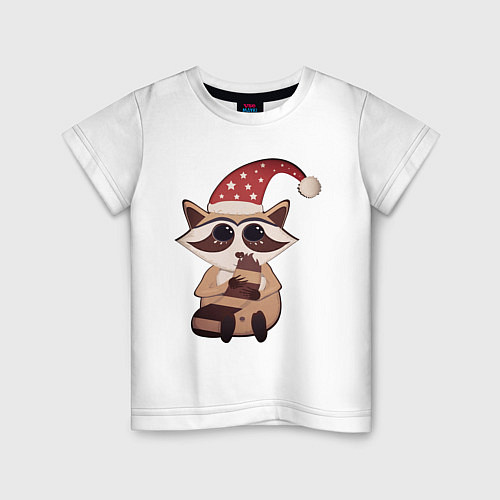 Детская футболка Милый енот в праздничной шапке / Белый – фото 1