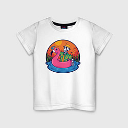 Футболка хлопковая детская Скелет в надувном Фламинго, цвет: белый