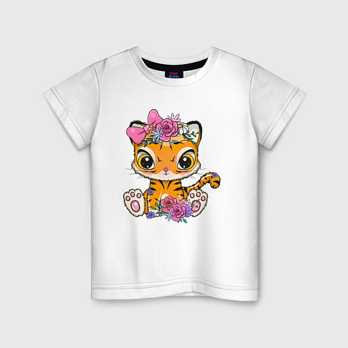 Детская футболка Милая тигрица с цветами / Белый – фото 1