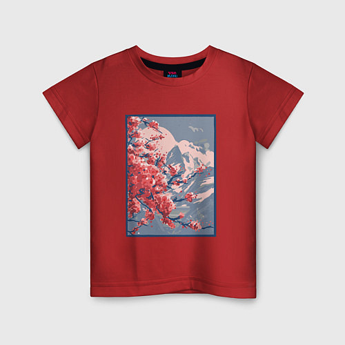 Детская футболка Цветение Сакуры на фоне Фудзи / Красный – фото 1