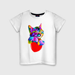 Футболка хлопковая детская РАДУЖНЫЙ КОТИК RAINBOW KITTY, цвет: белый