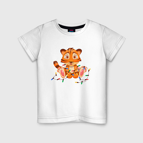 Детская футболка Тигренок в гирляндах / Белый – фото 1