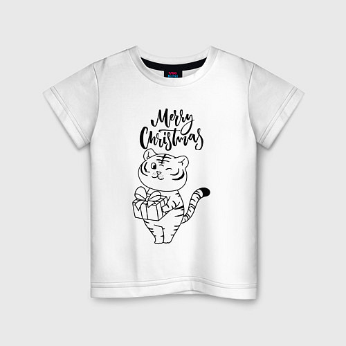 Детская футболка Merry Christmas Тигр с подарком / Белый – фото 1
