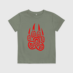 Футболка хлопковая детская ПЕЧАТЬ ВЕЛЕСА КРАСНЫЙ ЛАПА ВОЛКА, цвет: авокадо