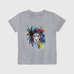 Футболка хлопковая детская Лев в цветах и перьях, цвет: меланж
