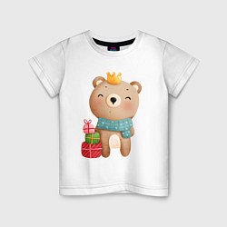 Футболка хлопковая детская Медвежонок с короной и подарками, цвет: белый