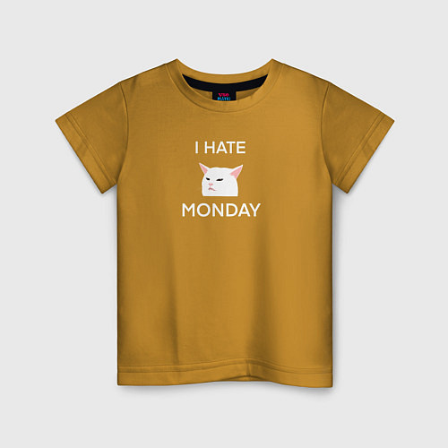 Детская футболка I hate monday текст с котом / Горчичный – фото 1