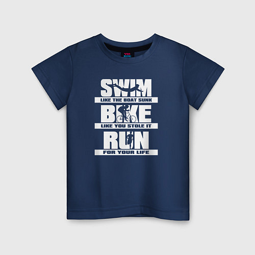 Детская футболка Плавай, езди на велосипеде, бегай / Тёмно-синий – фото 1