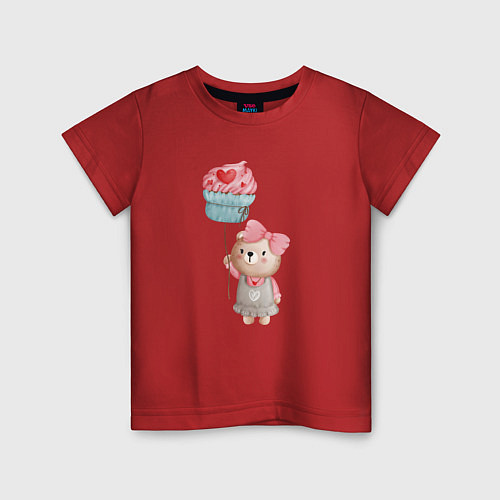Детская футболка Мишка с воздушным пирожным / Красный – фото 1