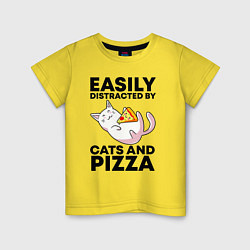 Футболка хлопковая детская Легко отвлекаюсь на котов и пиццу, цвет: желтый
