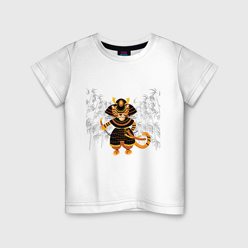 Детская футболка Тигр-самурай с двумя мечами на фоне бамбука / Белый – фото 1