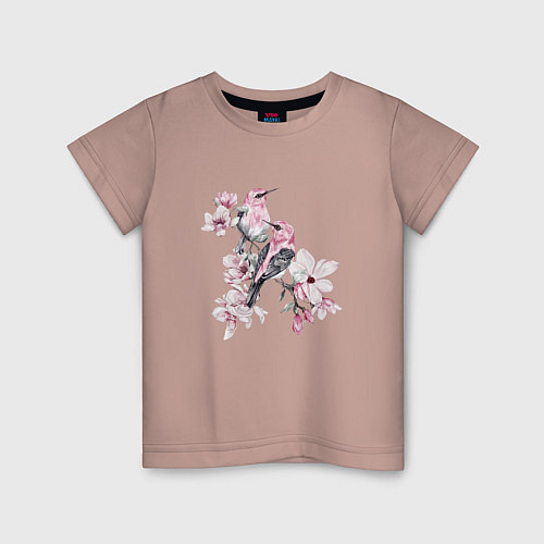 Детская футболка Розовые птицы и цветы магнолии / Пыльно-розовый – фото 1