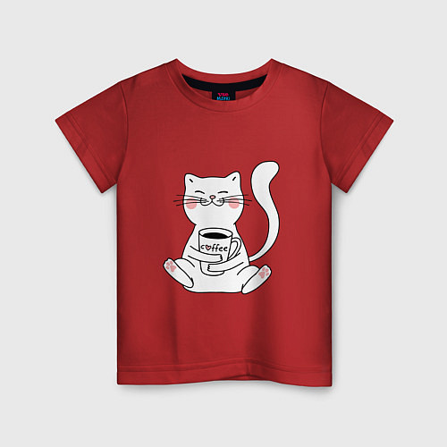 Детская футболка Белый кот с кофе / Красный – фото 1