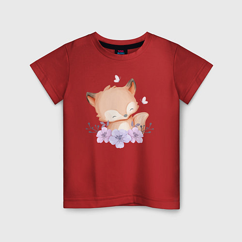 Детская футболка Милый Лисёнок С Цветками / Красный – фото 1