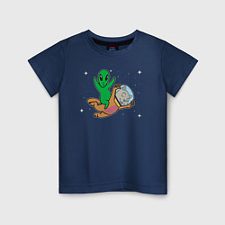 Футболка хлопковая детская Пришелец на коте в космосе, цвет: тёмно-синий