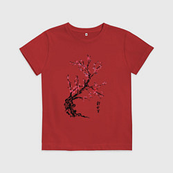 Футболка хлопковая детская Сакура с иероглифами, цвет: красный